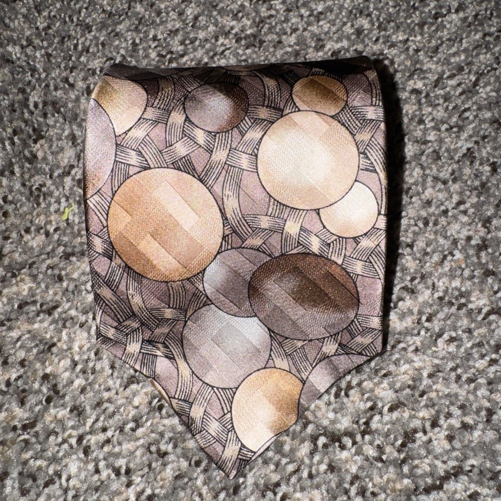 Pierre Balmain Paris Silk Tie Brown Tan Geometric Circles Wide Necktie 57x4